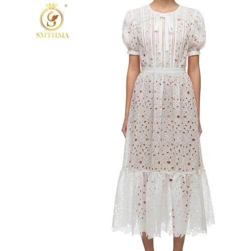 New Fashion Summer Temperament Lace Hollow Out Dress For Women O-Neck Short Sleeve Elegant Dresses Female Fashion Clothing