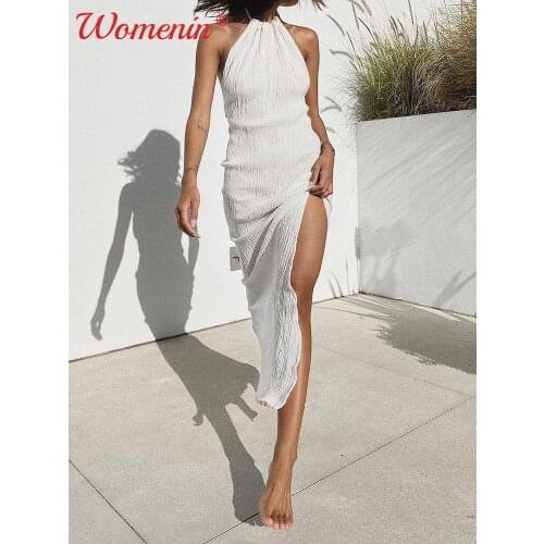 Solid Halter Sleeveless Ruffle Split Long Dress Female Sexy Backless Stylish Party Dresses For 2021 Summer White Lady Vestidos
