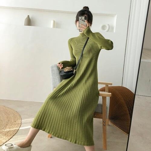 Autumn Winter One Piece Knitting Dress Women Korean Solid Turtleneck Bottoming Sweater Midi Maxi Dresses Robe Femme Black Dress