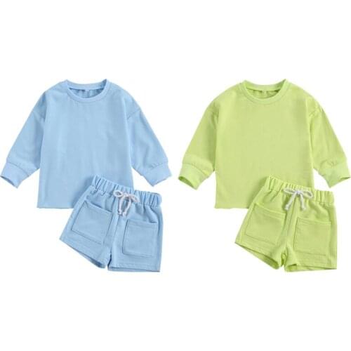 Lioraitiin 1-6Y Autumn Baby Boys Girls Clothes Sets Solid Causal Long Sleeve Pullover Sweatshirt Tops Pocket Shorts 2 Colors
