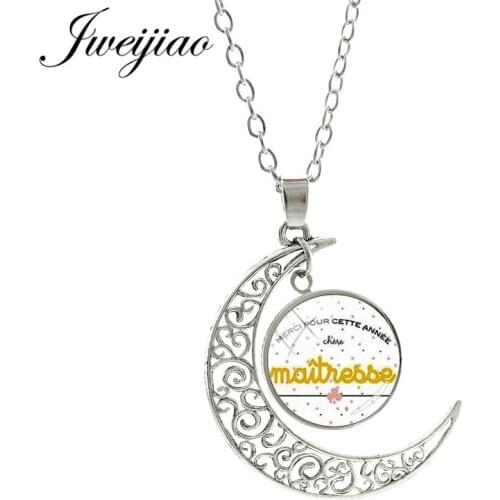 JWEIJIAO French Je Suis Une Mamie Qui Dechire Moon Pendant Necklace Merci Maitresse Glass Cabochon Dome Collier Jewelry CT280