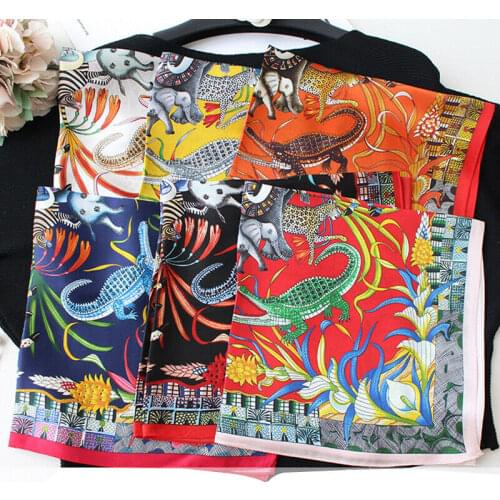 100% Silk Scarf Women Fashion Small Bandana Ethnic Tribal Elephant Animal Kerchief Neck Hair Headband Turban 53*53cm