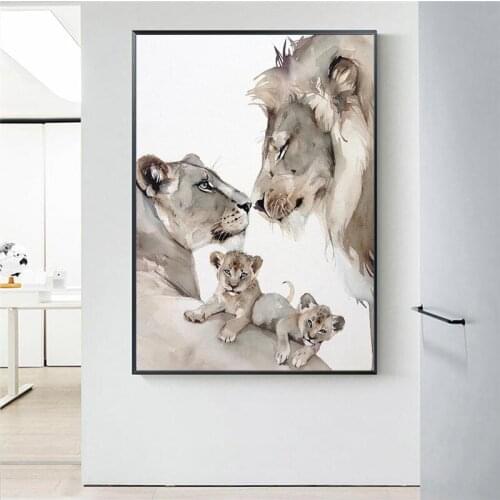 Nature Animals Family of Four Lions Canvas Painting Wall Art Nordic Posters and Prints Wall Pictures for Living Room Decoration