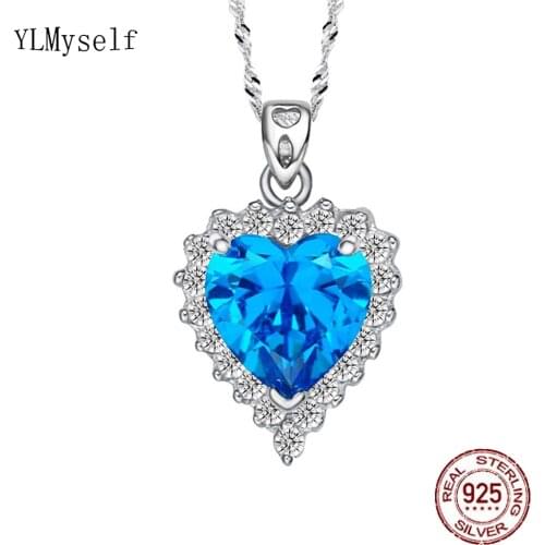 Real 925 Sterling Silver Pendant Necklace 40/45cm Chain With Big Heart Shape Blue Zircon Jewelry for Wedding