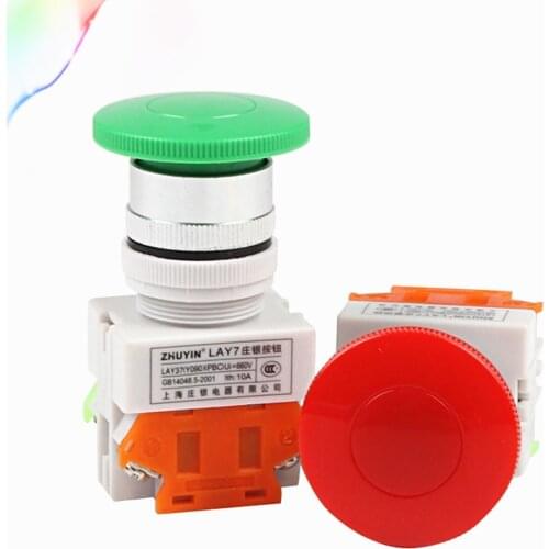 LAY7-11M LAY37-11M Mushroom Head Self-resetting Momentary Red/Green Push Button Switch 10A 1NO1NC 22mm