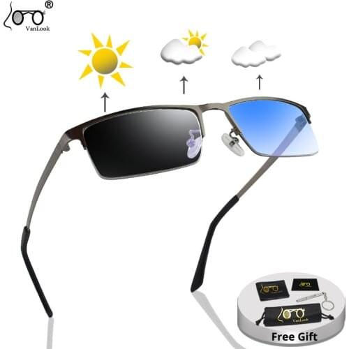 Photochromic Sunglasses Computer Glasses For Men Women Chameleon Lens Clear Blue Coating Metal Eyeglasses Antiglare Spectacles