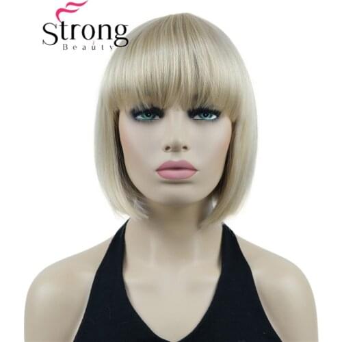 StrongBeauty Bob Short Straight W Bangs Platinum Blonde Full Synthetic Wig Hair Piece