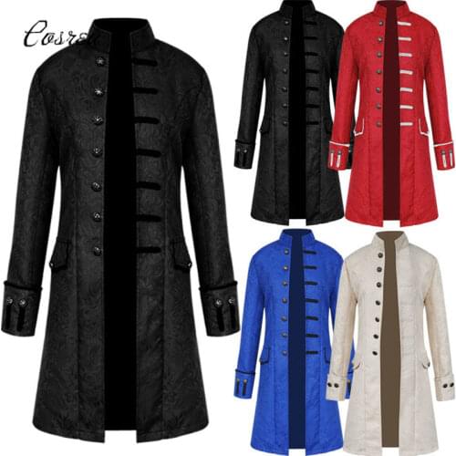 Medieval Retro Men Trench Dust Coat Punk Jacquard Jackets Long Stand Collar Blue Black White Cosplay Costumes