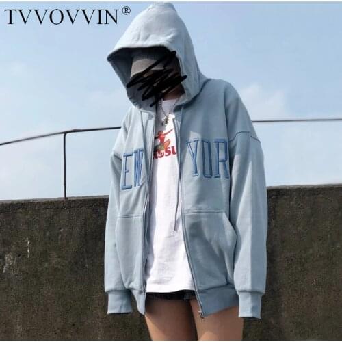 TVVOVVIN Women Embroidery Letters Oversized Zip Through Hoodie In Light Blue Oversized Hooded Sweatshirt QHJJ