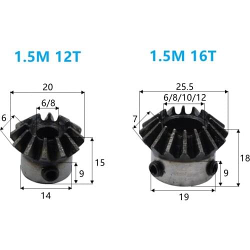 1.5M12T/16T/20T inner hole 6/8/10/12mm bevel gear standard hole 90 degree 45# steel quenching processing, fixed with screw holes