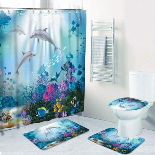 Ocean Underwater World Cheerful Dolphin 3D Printing Waterproof Shower Curtain With Rug Toilet Cover Bath Mat Set Bathroom Decor
