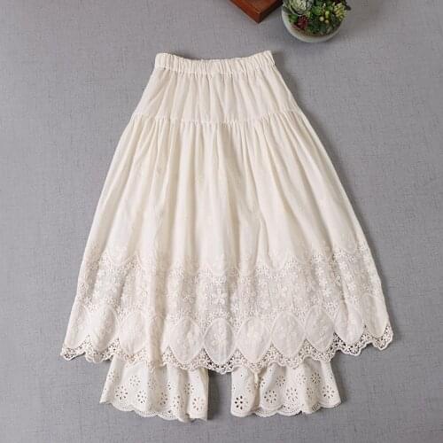 Japan Style Mori Girl Skirt New Spring Summer Solid Color Cotton Fake Two-piece hollow embroidered Skirt