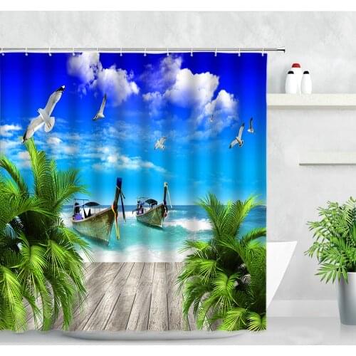 Seaside Scenery Shower Curtain Set Wood Board Tropical Plant Ocean Boat Bird Natural Fashion Modern Home Decor Bathroom Curtains