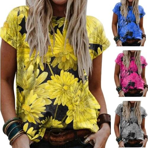 50% Wholesales T-shirt Round Neck Floral Print Summer Loose Short Sleeve Women Top for Leisure