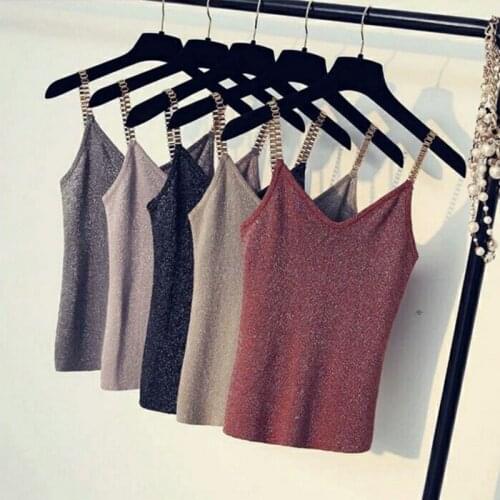 Women Glitter Tank Tops Sexy Female V-Neck Knitted Camisole Sleeveless Bling tops for Club party Girls Spaghetti vest Tops