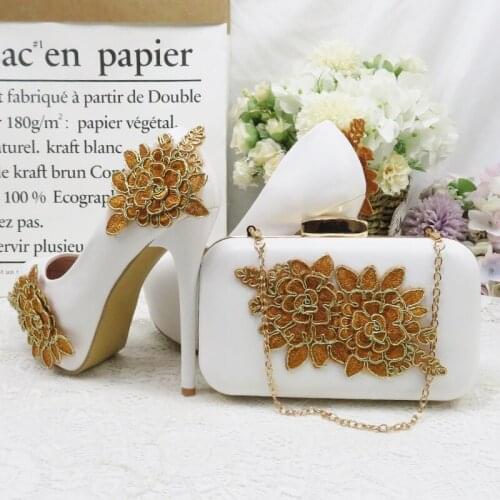 Women Summer Shoes Golden Flower Wedding Shoe Bride Bag Set High Heels Round Toe Pumps Ladies Party shoe with purse