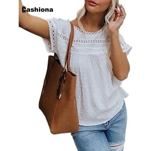 Women Patchwork Lace Tops Elegant Fashion T-shirt Female O-neck Hollow Out Shirt 2021 Summer New Solid Casual Womens Clothing