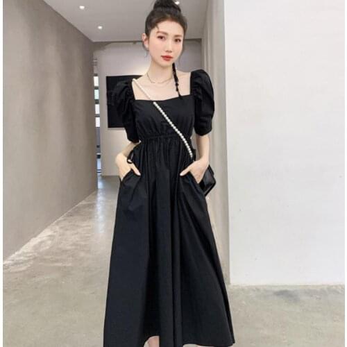 Black Short Sleeved Dress Summer Women 2021 New Square Neck Sweet Cool Puff Sleeve Vintage Temperament Slim A-Line Dress
