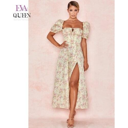 EvaQueen Floral Print Summer Dress Women Side Slit Maxi Long Dress Lantern Sleeves Fit And Flare Elegant Dress 2020 Vestidos