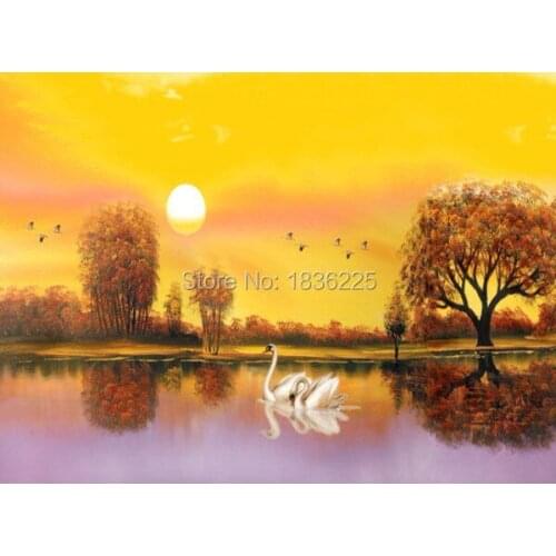 100% hand-painted art supplies sunset scenery birds painting for sales swan in the lake landscape oil painting on canvas