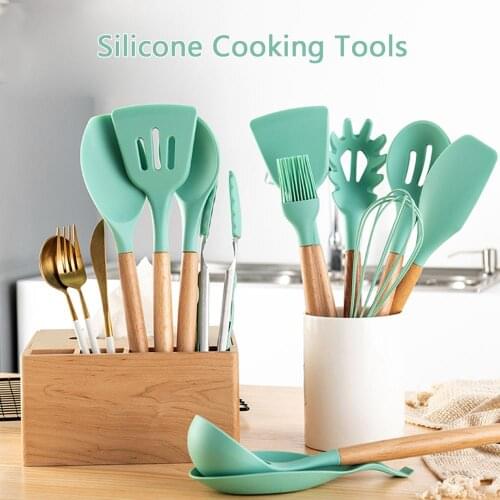 12PCS Silicone Cooking Utensils Set Non-stick Spatula Shovel Wooden Handle Cooking Tools Set With Storage Box Kitchen Tools