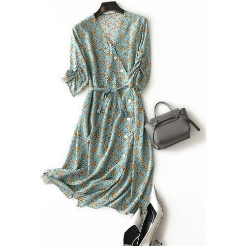 22mm 100% silk print dress with belt women summer v neck buttons silky clothing