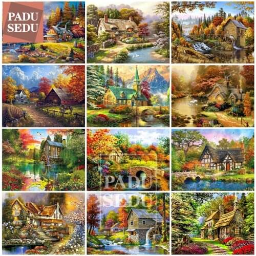 Diamond Embroidery Landscape Houses House Scenery Diamond Painting Full Round Cross Stitch Rhinestones Beaded Picture Home Decor