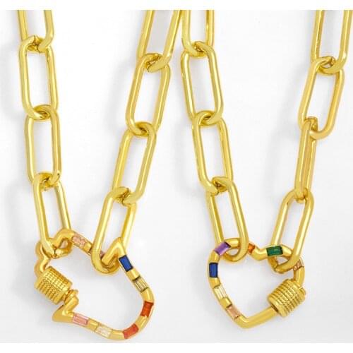 FLOLA Gold Chunky Chain Heart Necklace For Women CZ Carabiner Clasp Fatima Hand Pendant Necklace Wholesale Jewelry Gifts nkev39