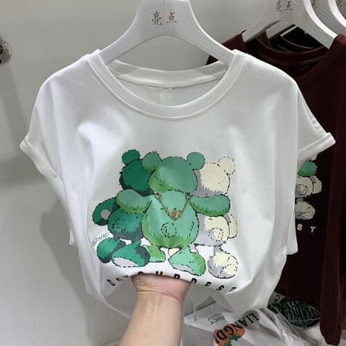 T-shirt Female Summer Brushed Short-sleeved Print Bear Korean Women Tshirts Graphic Tee Round Neck Loose Casual Student Tops