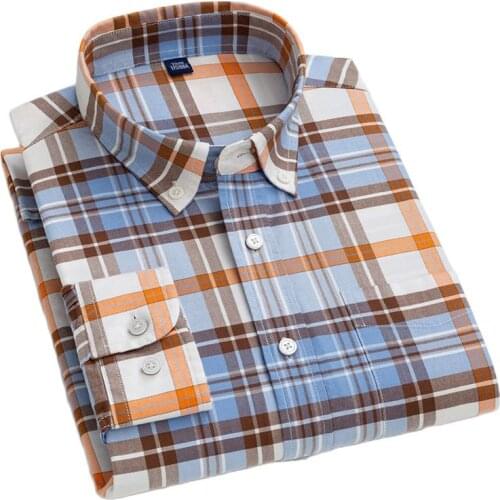 Cotton Oxford Shirt for Men Long Sleeve Casual Business Men Checkered Shirts Striped Regular Fit Fashion Mans Chemise Pocket