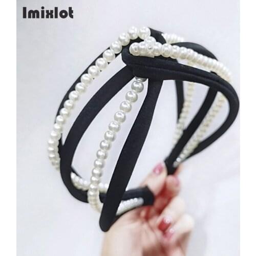 Imixlot Womens White Pearl Cross Hairband Headband Turban for Women Lady Hollow Wide Hair Hoop Headwear Hair Bands Accessories