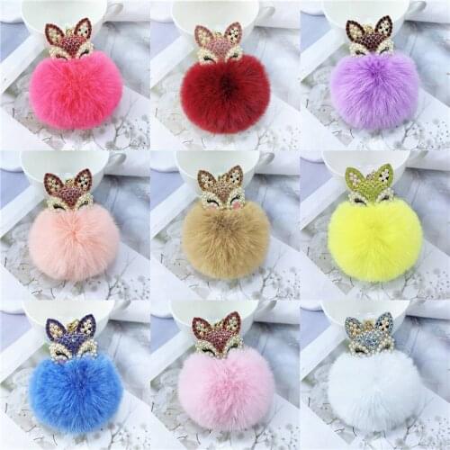 Hair ball key ring pearls rhinestones pendant womens bag New Animal head