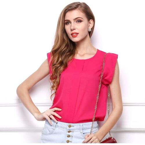 Hot Sale Fashion Womens Casual Solid Color Loose Chiffon Ruffles Shirt Sleeveless Elegant Blouse Female Office Lady Shirt Tops