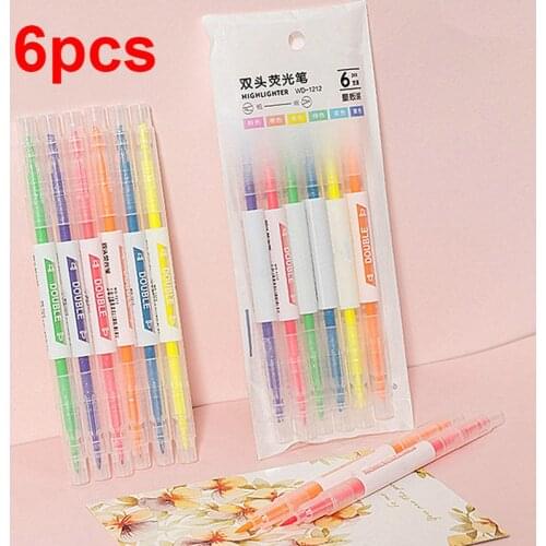 6pcs/set Cute Candy color Highlighter Pen Stationery Double Headed Fluorescent marker Pen Mark Pen Office School Supplies