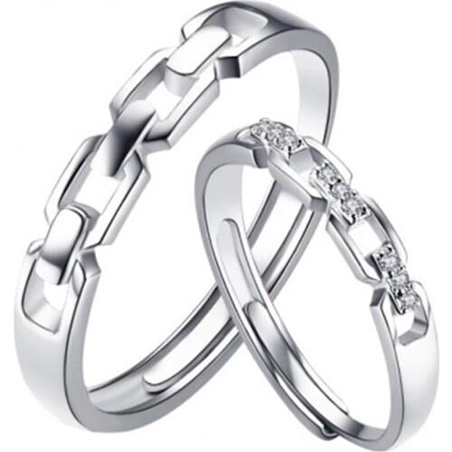 Megin D Silver Plated Chains Lock Vintage Zircon Couple Matching Ring for Women Men Wedding Engagement Friends Gift Jewelry Anel