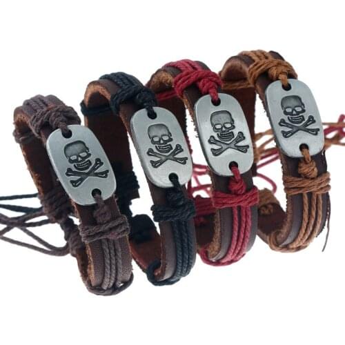 Pirates Skeleton Skull Symbol Alloy Charm Handmade Hemp Rope Genuine Leather Wrap Belt Bracelets Bangle Jewelry Women Men