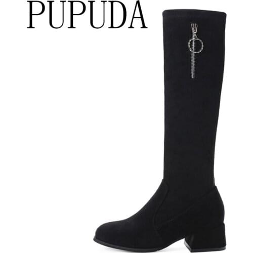 PUPUDA High Heels Winter Boots Women Black Knee High Boots Cotton New Platform Boots Women 2020