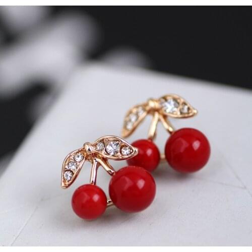 Fashion Cute Lovely Red Cherry Earrings Rhinestone Leaf Bead Stud Earrings For Woman Jewelry Boucle Femme Gift