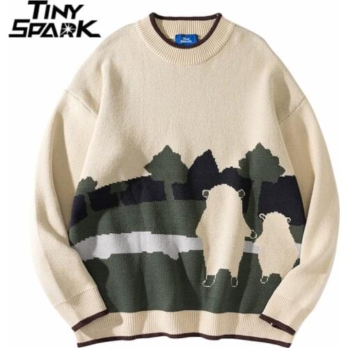 Streetwear Harajuku Knitted Sweater Tree Funny Bear Print Sweater 2021 Men Hip Hop Autumn Cotton Casual Pullover Sweater Khaki