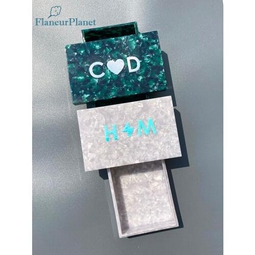 FlaneurPlanet Rectangle Green Tortoise Acetate Trinket Box with Monogram Custom Keepsake Box