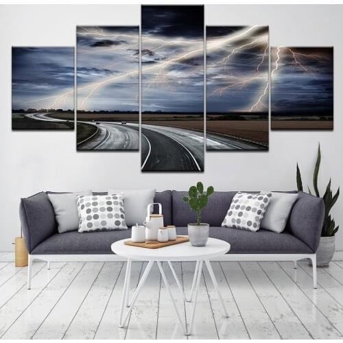 Wall Art 5 Pieces Canvas Prints waves Road storm lightning ocean painting Panels Poster Pictures For Living Room Artwork