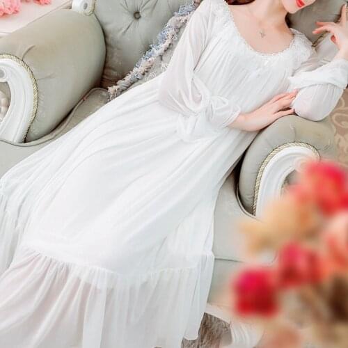 Nightdress white loose modal long-sleeved nightwear female spring autumn Palace style home service plus size pijama summer