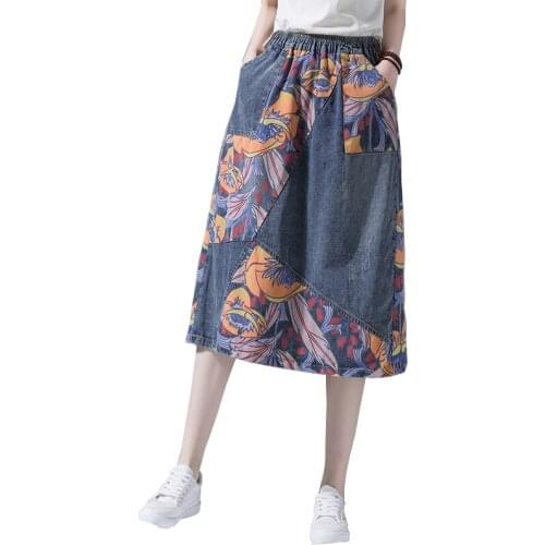 Summer Women Retro Floral Pocket All-Match Denim Panelled Skirt 2021 Leisure Loose Comfortable Female Denim Skirt FC1006