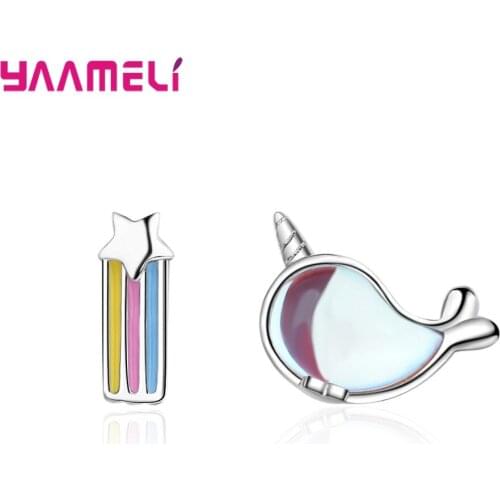 Small Cute Asymmetry Unicorn Moonstone Whale Stars Rainbow 925 Sterling Silver Stud Earrings For Women Sweet Jewelry Gift