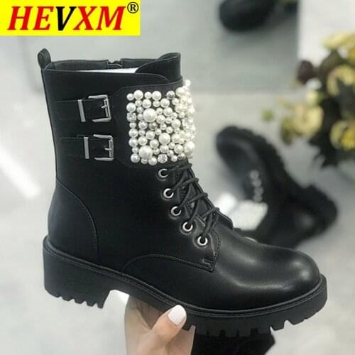 Sarairis 2020 Fashion Top Quality Dropship Chunky Heels Pearls Leisure Shoes Women Ankle Boots Cool Motorcycles Boots