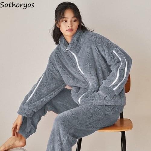 Women Pajama Sets Plus Velvet Thicker Coral Fleece Patchwork Soft Warm Zip-up Homewear Elegant Trendy Female Ulzzang Couple Chic