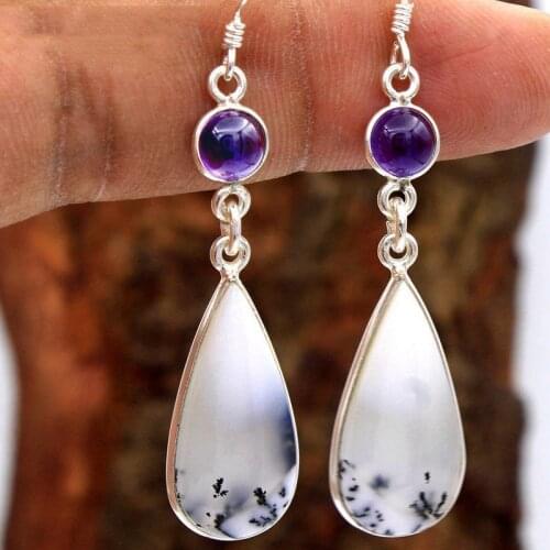 Vintage Pendientes Purple Stone Water Teardrop Earrings for Women Silver Color Water Drop Jewelry