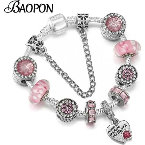 Murano Printed Crystal Glass Beads Charm Bracelet With Home is Where The Heart Pendant Bracelets For Women Pulseras Jewelry Gift