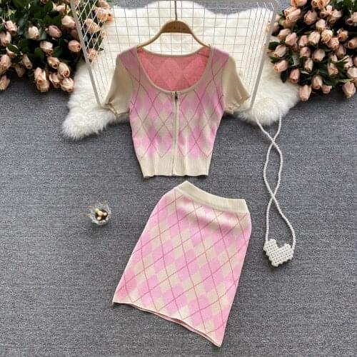 Fashion Square Collar Short Knitted Zipper Short Tops+Skirt Suit Pink Plaid Top Women Tops Skirt 2021 Summer New Two-piece Set