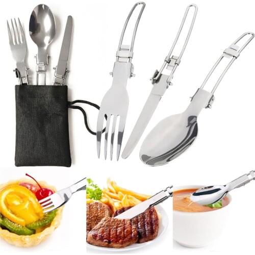 1 Set Long Cookware Outdoor Spork Fork Stainless Steel Fold Knife Utensil Spoon Set Combo Picnic Camp Cutlery Tableware Flatware
